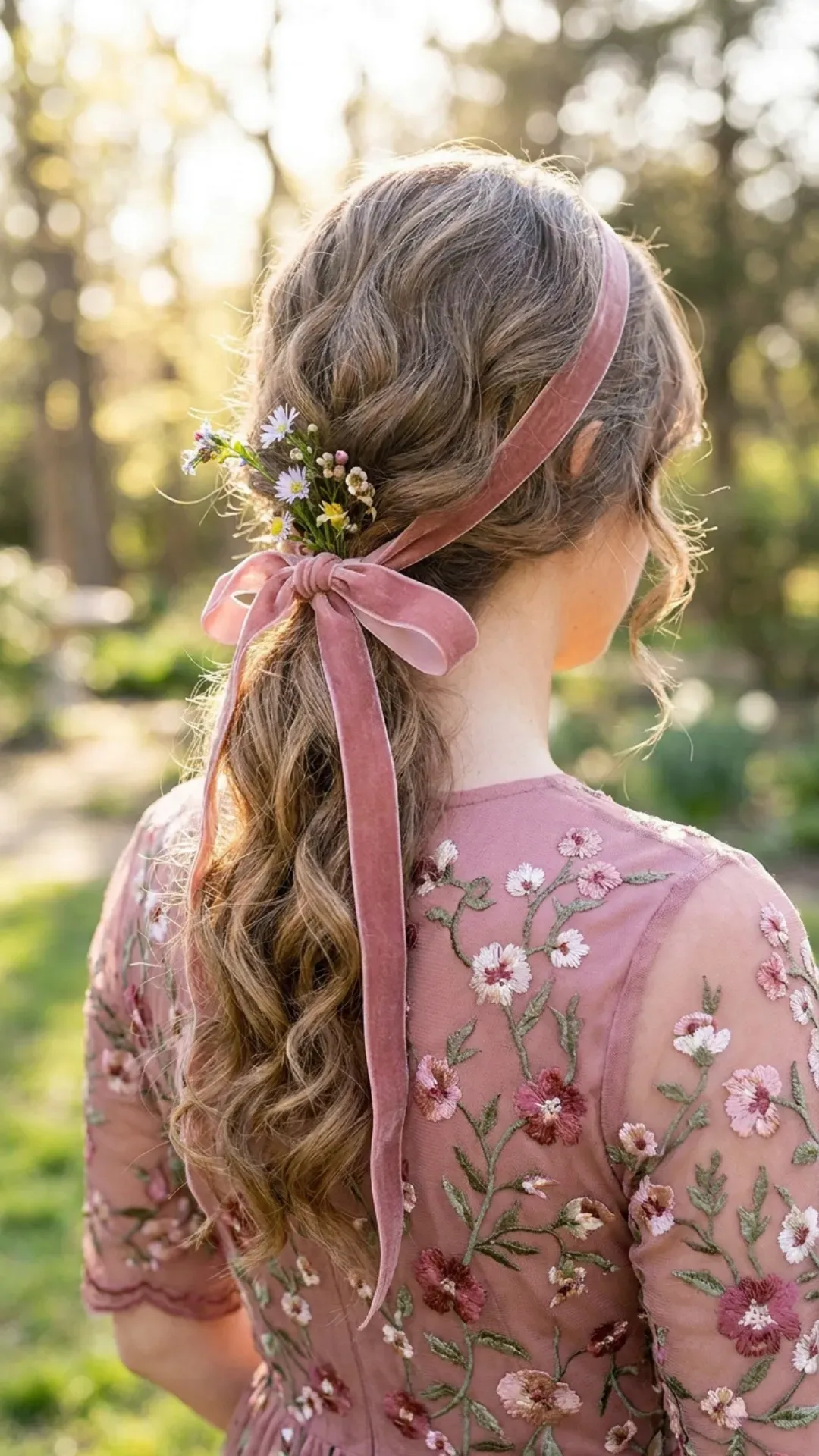 Elegant ribbon-tied ponytail that adds a touch of whimsy and charm to the hairstyle, with the ribbon color chosen to complement the outfit.