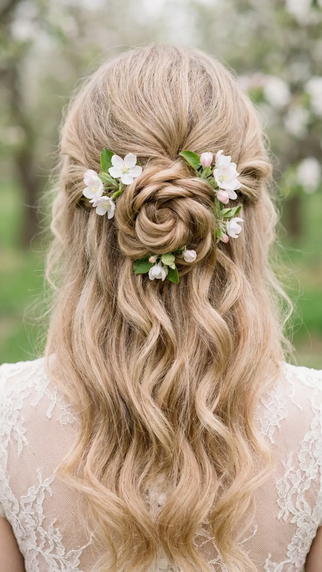 A half-up hairstyle twisted into a rosette shape at the back, inspired by spring flowers, creating a fitting choice for weddings and gatherings.