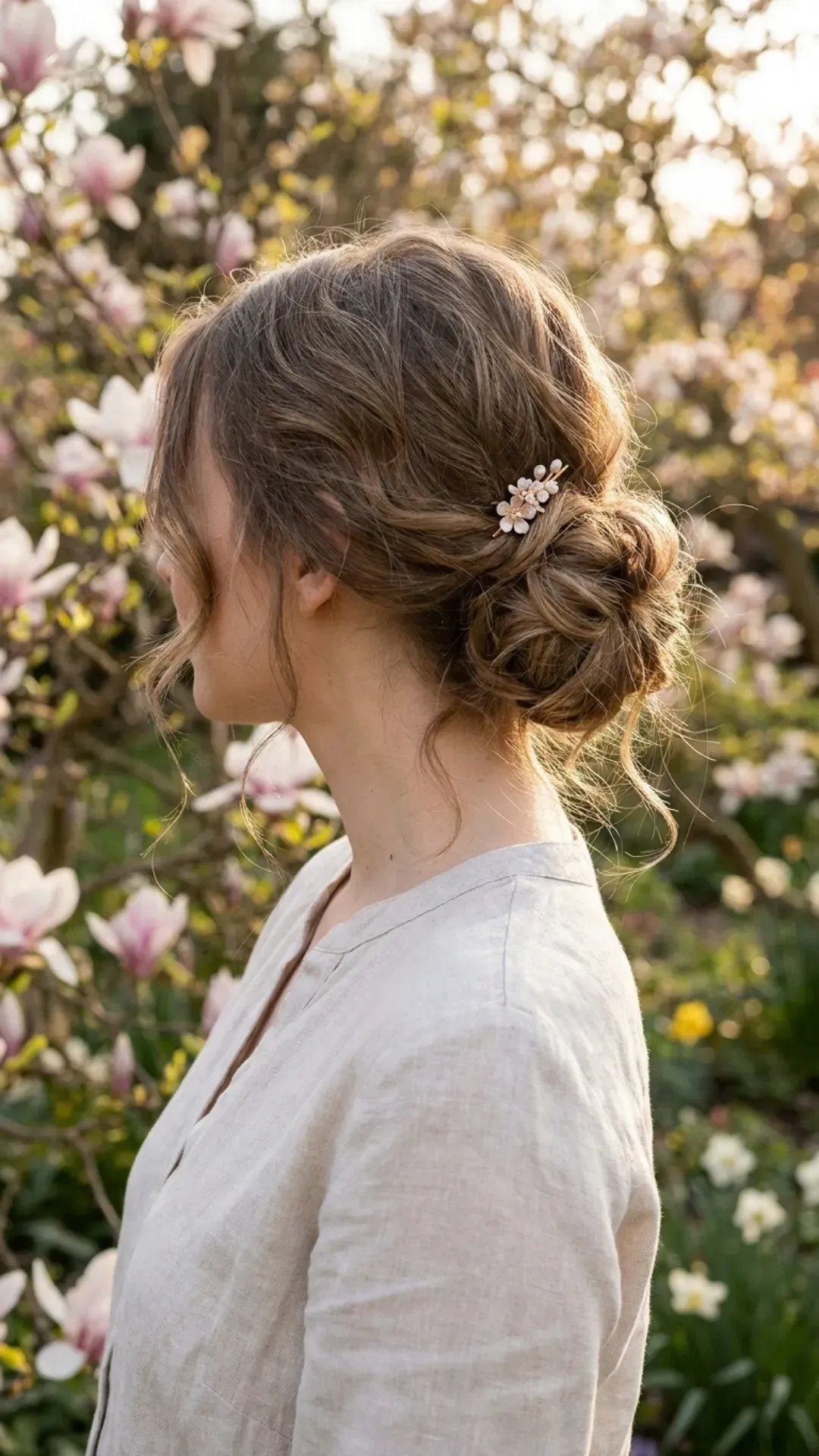 Relaxed yet refined low messy bun hairstyle, versatile for various spring occasions, from casual outings to more formal events.