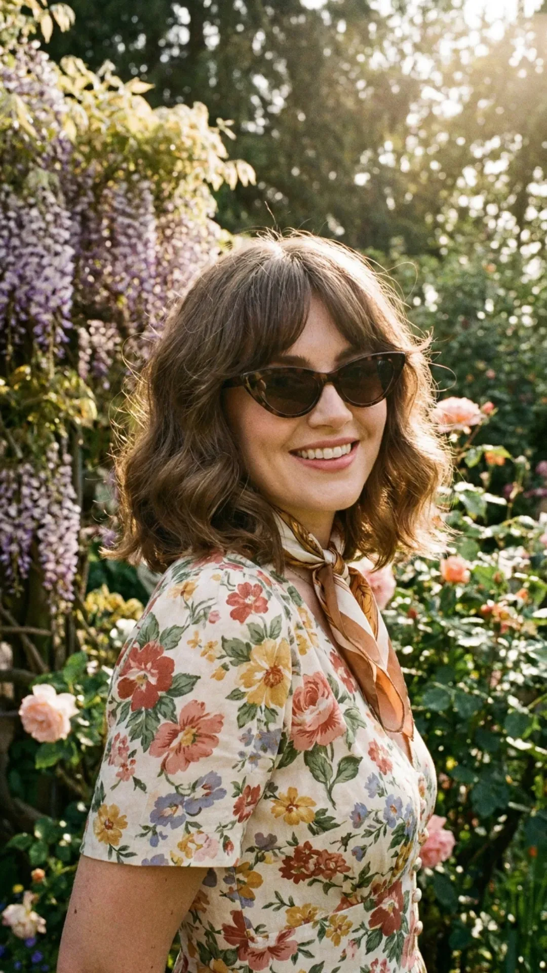 A wavy lob haircut with curtain bangs framing the face, adding a retro touch of glamour to the wearer's springtime style.