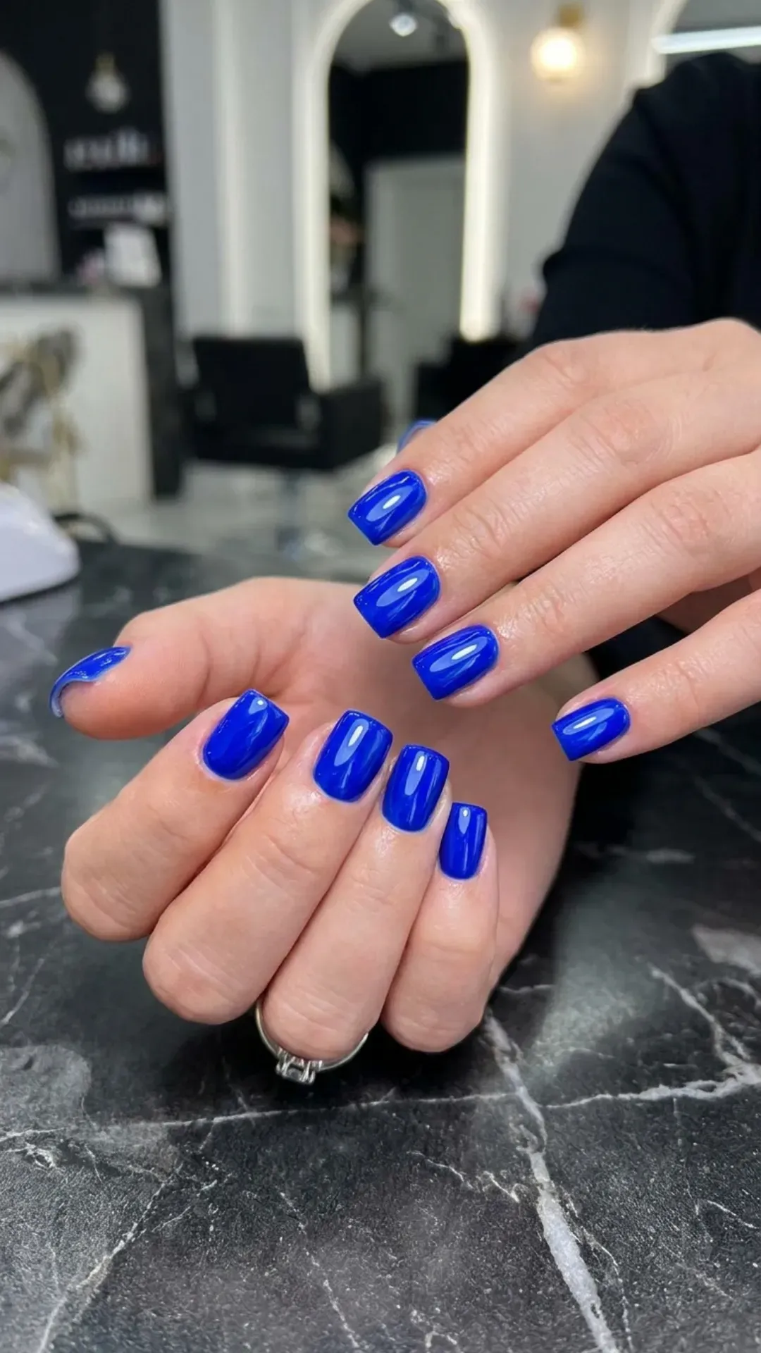 Bold Electric Blue Nails on Square Cut - Glossy electric blue manicure on short square-shaped nails