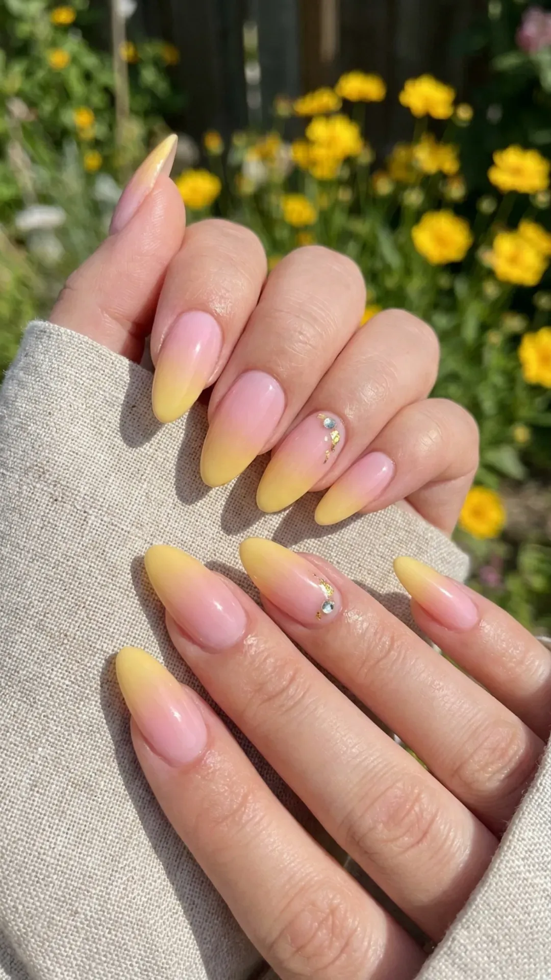 Yellow Ombre Nails : Long almond nails with a pastel pink to yellow ombre gradient