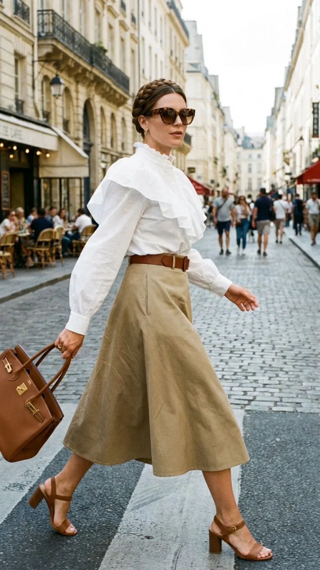 Stylish woman in a chic ruffled white blouse and high-waist khaki skirt with a sophisticated updo hairstyle, complemented by classic sunglasses, walking through the city.