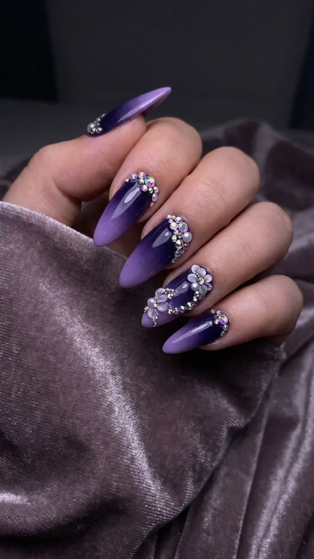 Dark Purple Ombre Nails with Crystal Accents -&nbsp;Purple ombre nails with 3D jeweled designs