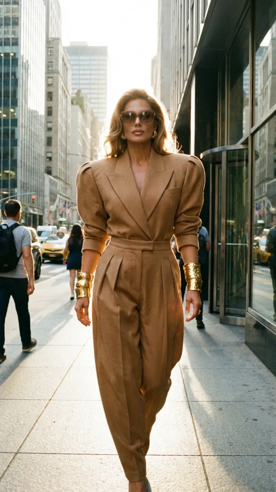  80s inspired sculpted shoulder power suit with gold jewelry.