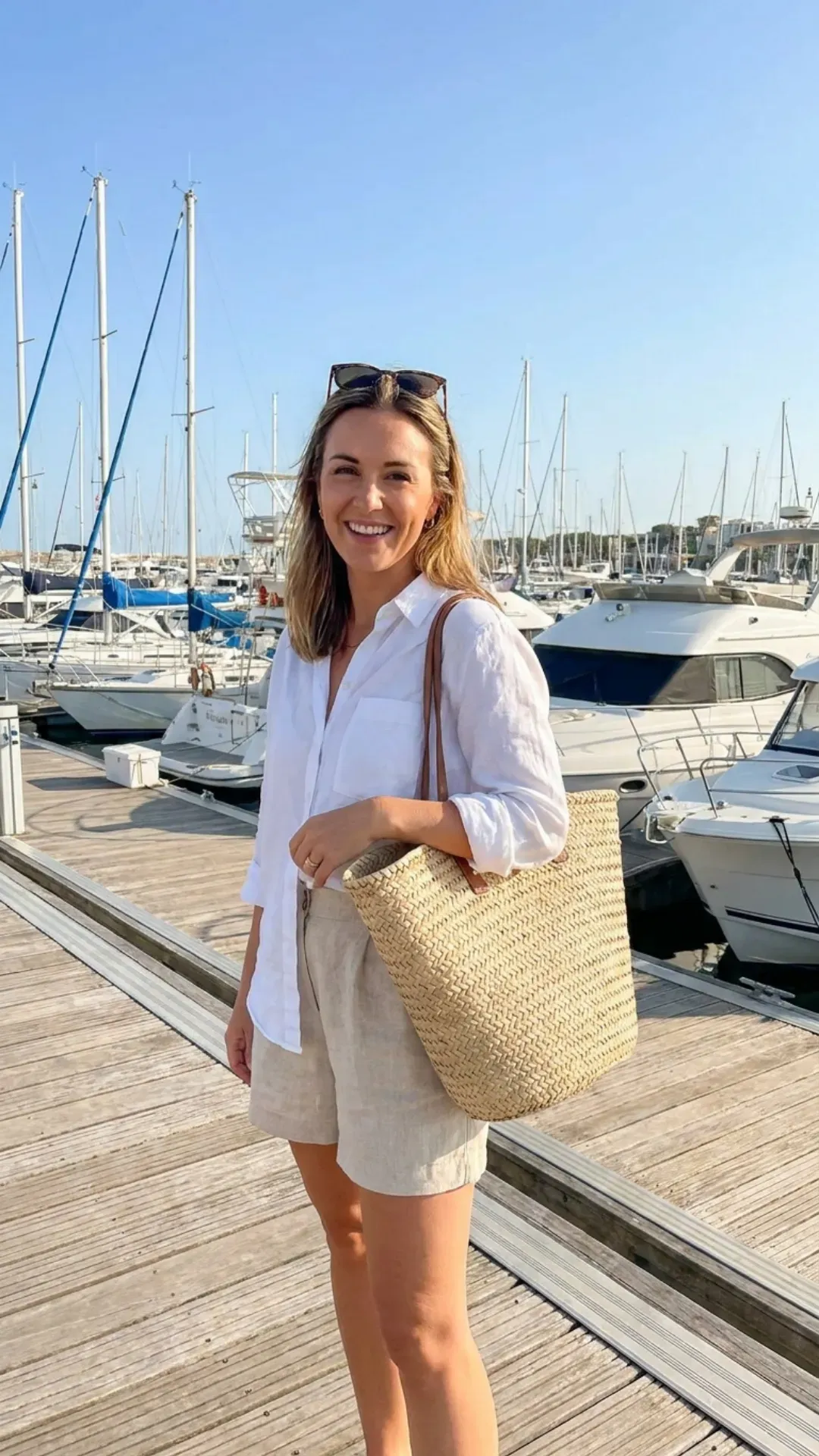White button-down shirt and tailored beige shorts for a classy summer outfit.
