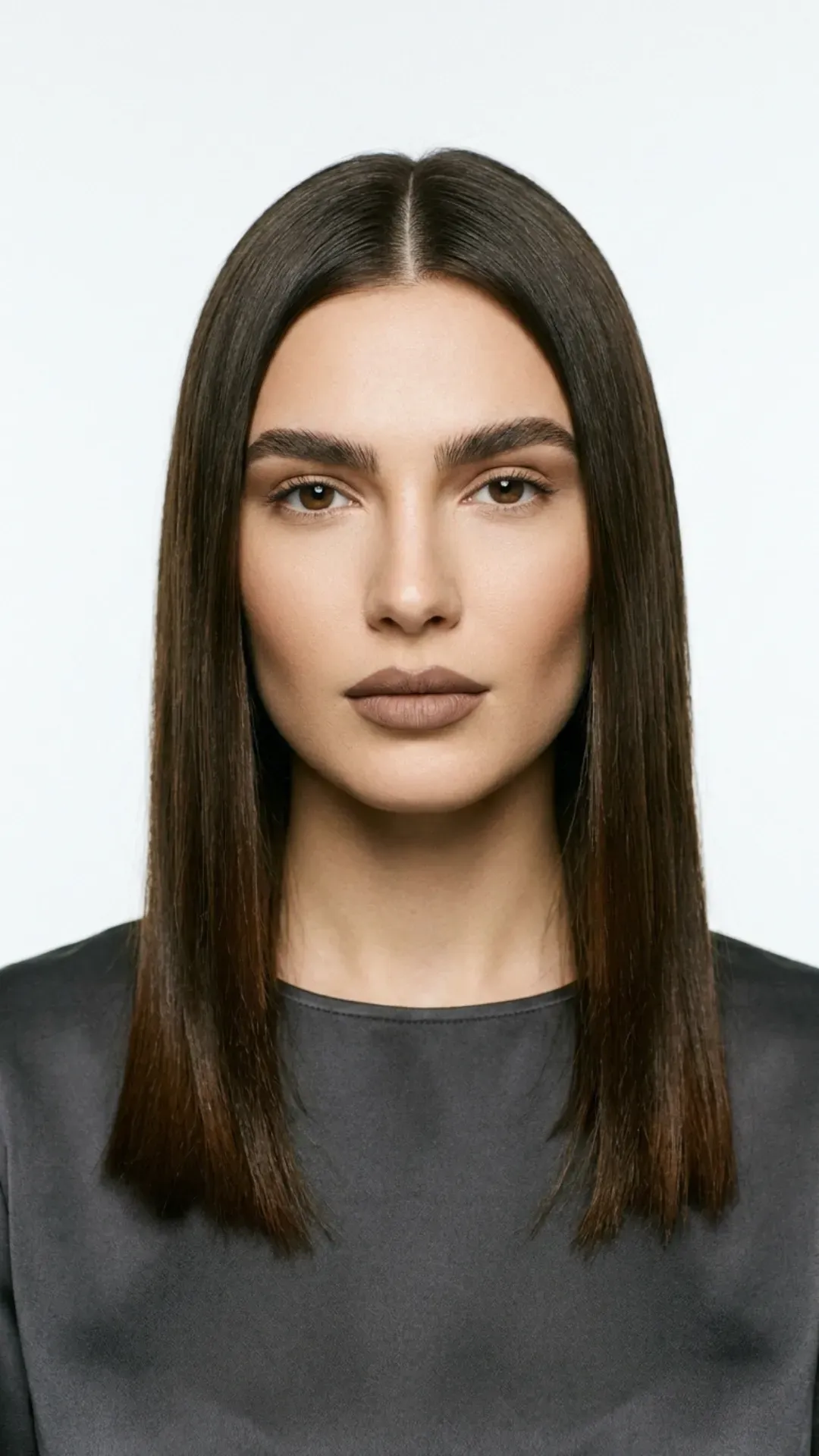 Portrait of a woman with sleek, straight hair styled in a middle part, showcasing a flawless makeup look with bold brows and neutral lipstick.