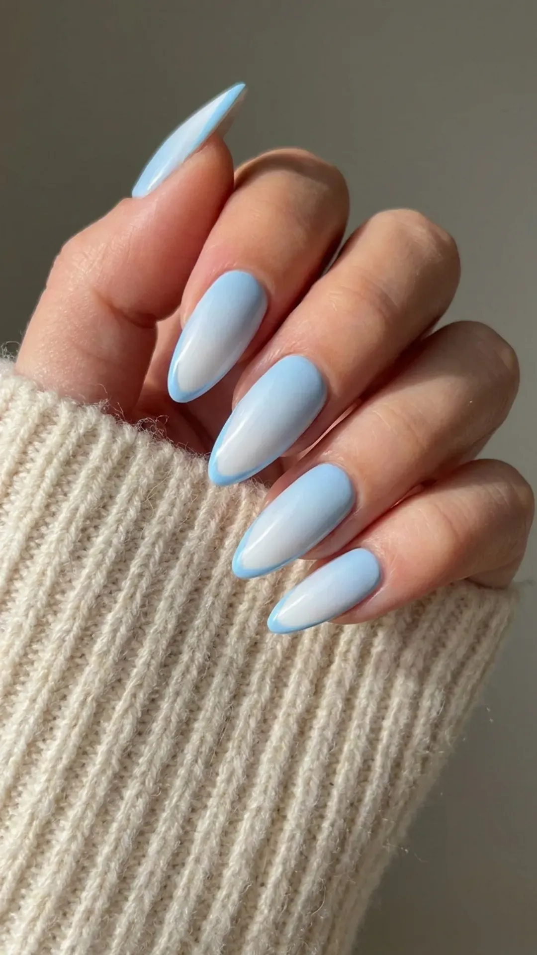 Baby Blue Ombre Outlined French Tip Nails - Blue ombre nails with sharp outlined French tips