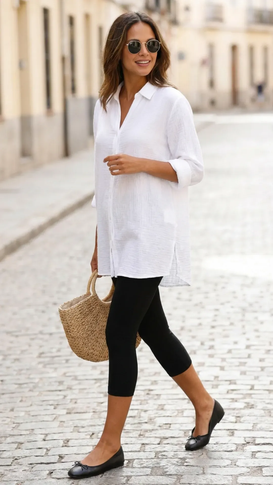 Capri leggings paired with a white tunic and ballet flats for a 2026 trend.