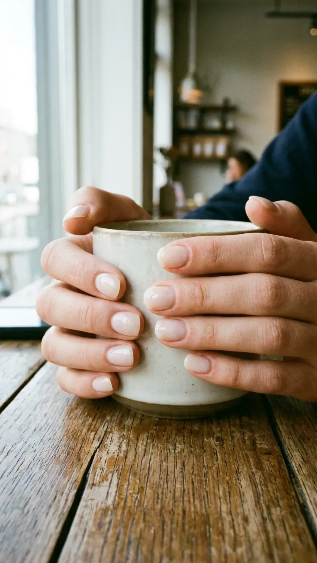 Cream White Syrup Nails - Short nails with creamy white sheer syrup finish in natural light