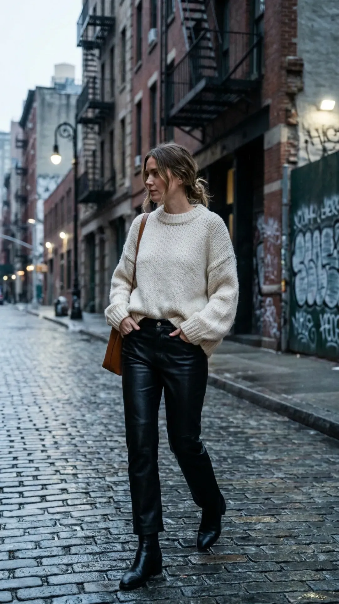 Black leather trousers and a chunky cream sweater for a trendy chic outfit
