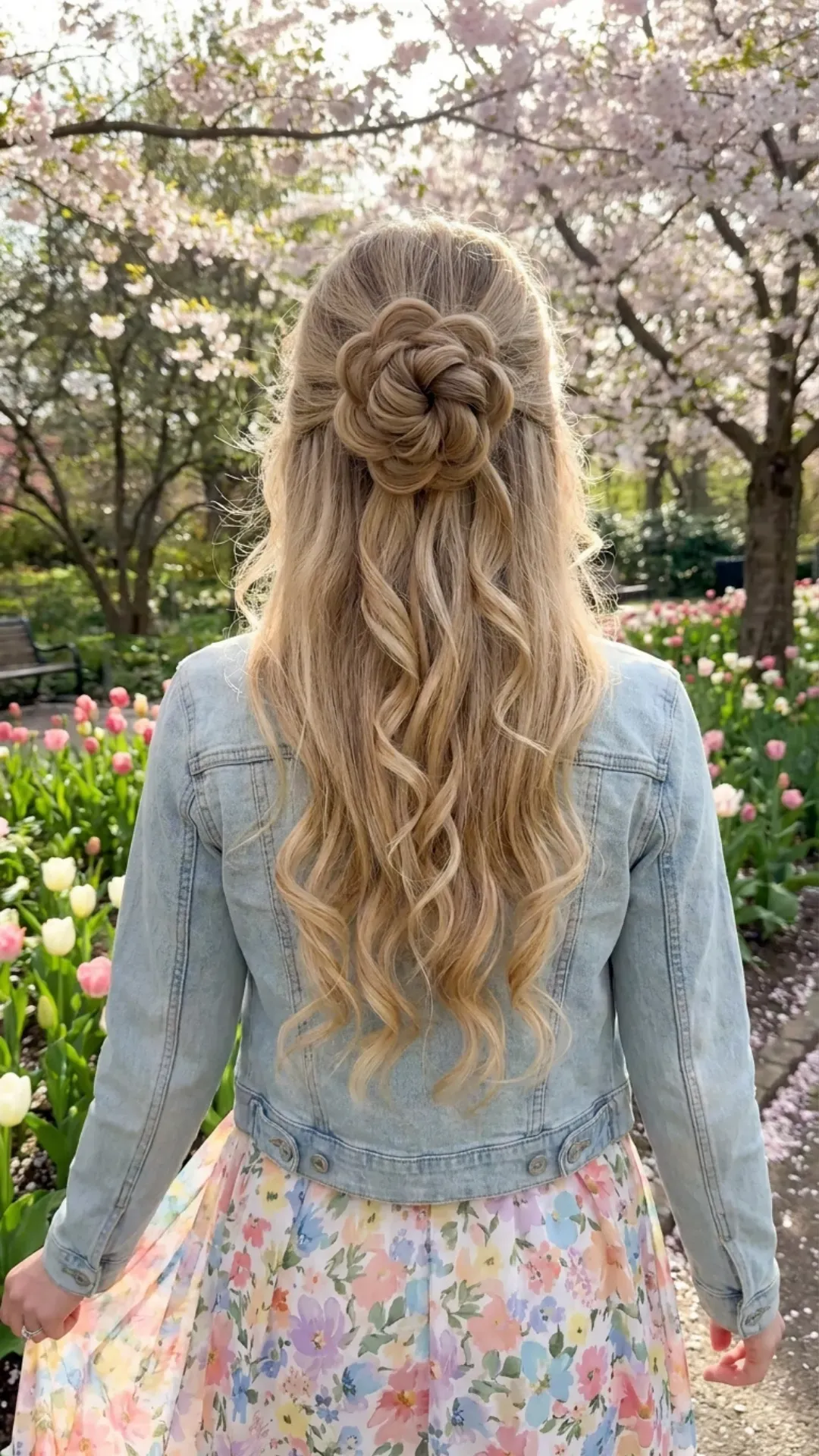 Back view of a woman with long blonde hair in a half-up hairstyle featuring a rosette bun, with soft curls cascading down, embodying a playful yet elegant spring look.