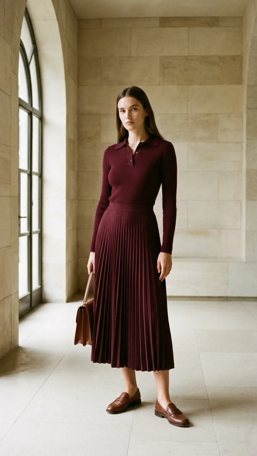 Burgundy polo sweater and matching pleated skirt for a trendy outfit idea.