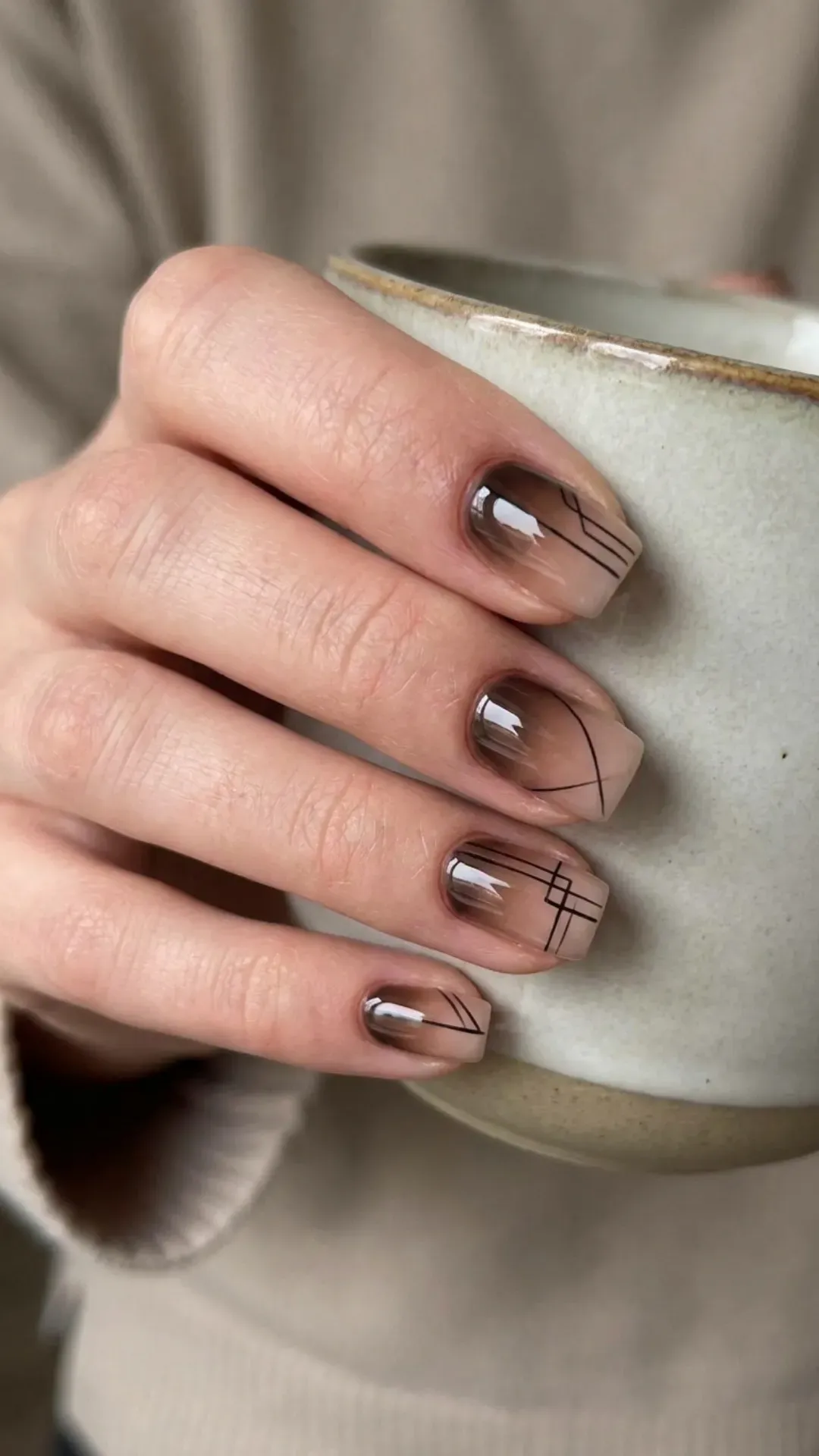 Black Jelly Ombre Nails with Black Lines - Short square nails with translucent brown to nude fade and black detail
