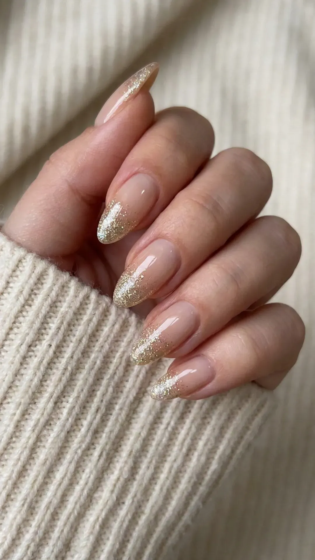Nude Glitter Tip Syrup Nails - Almond-shaped sheer nude nails with glitter syrup tips