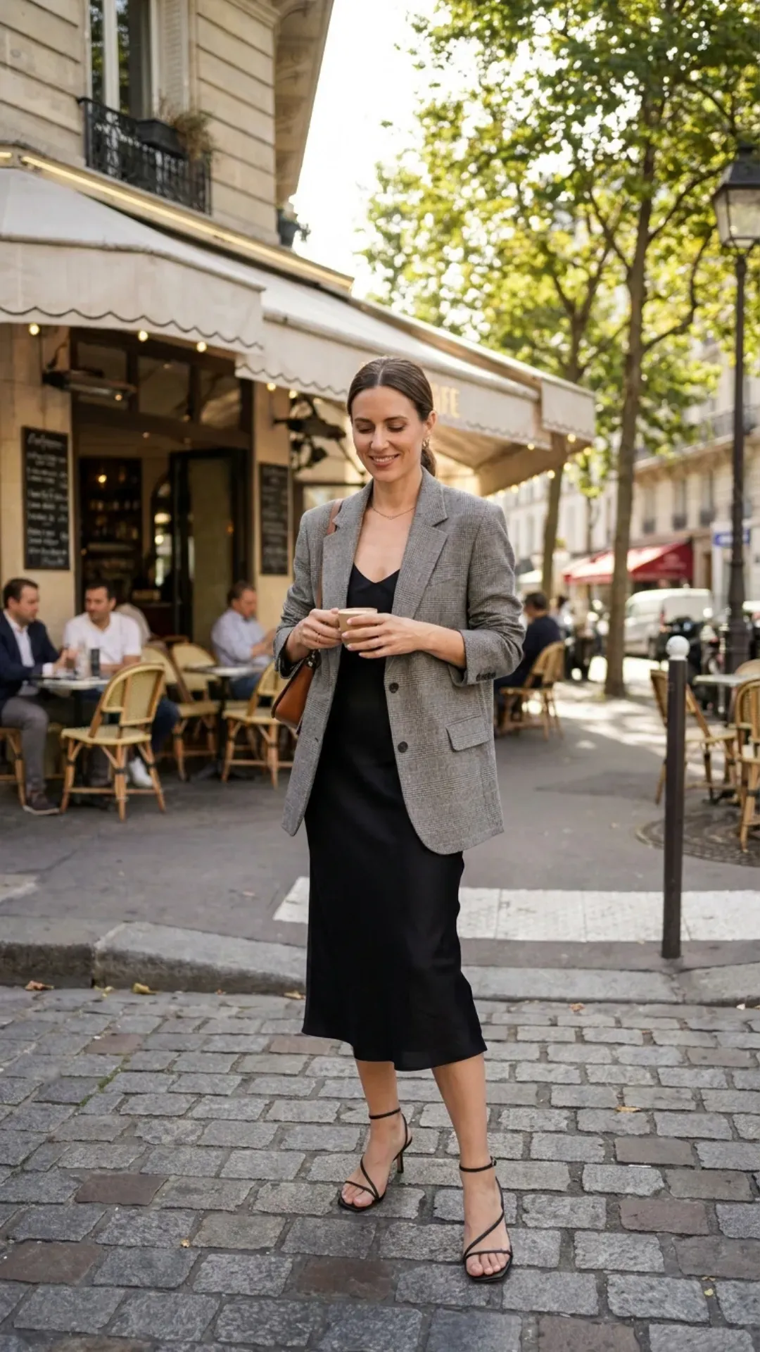  Black slip dress layered under a plaid blazer for a classy outfit idea.