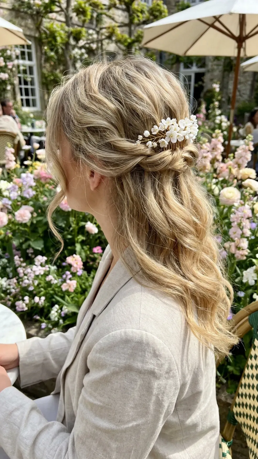 Woman with a twisted half-updo hairstyle showcasing strands of blonde hair elegantly styled with a hair accessory, providing a relaxed yet fashionable spring appearance.