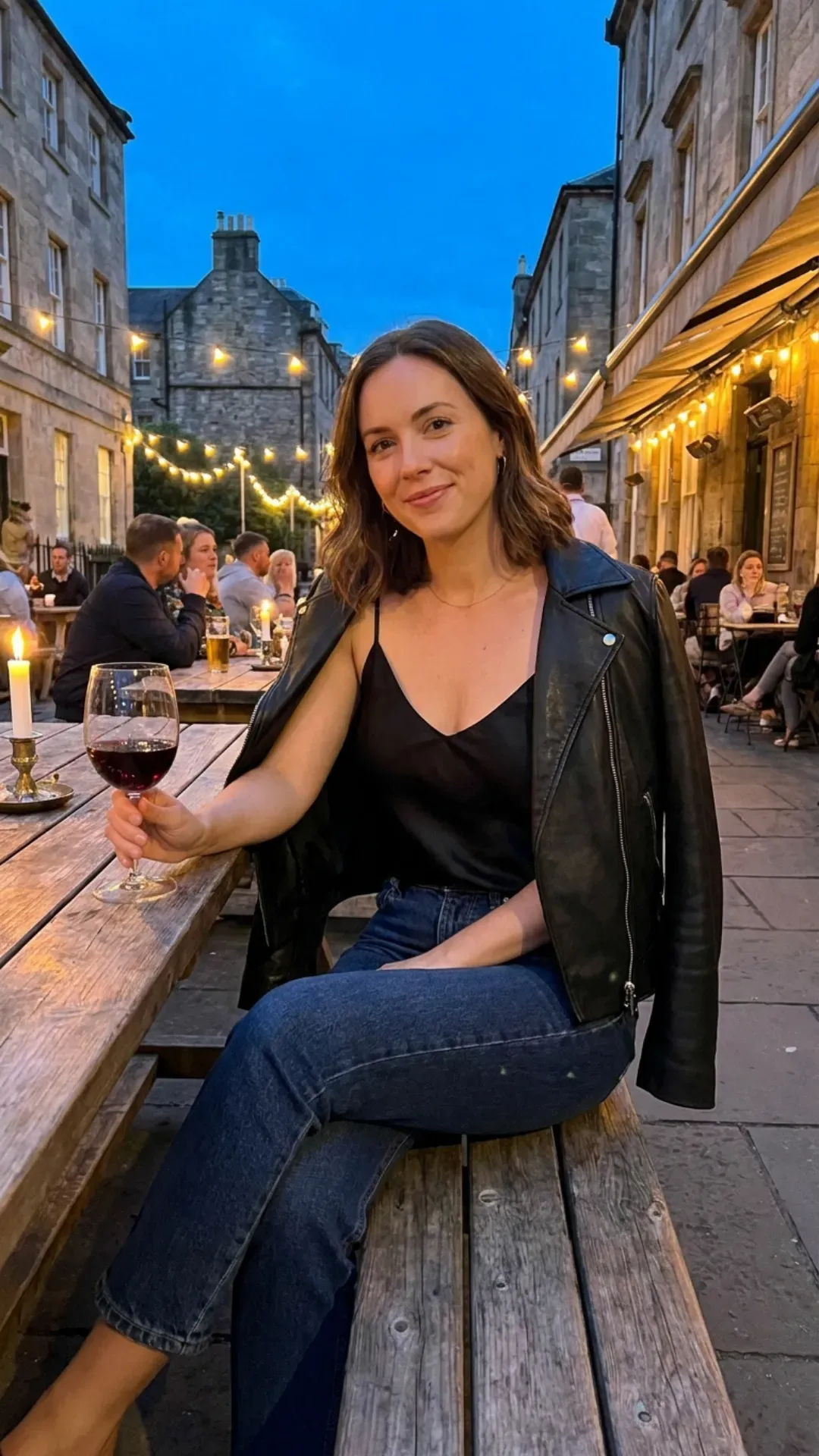 Dark wash denim and a black silk camisole for a chic evening outfit.