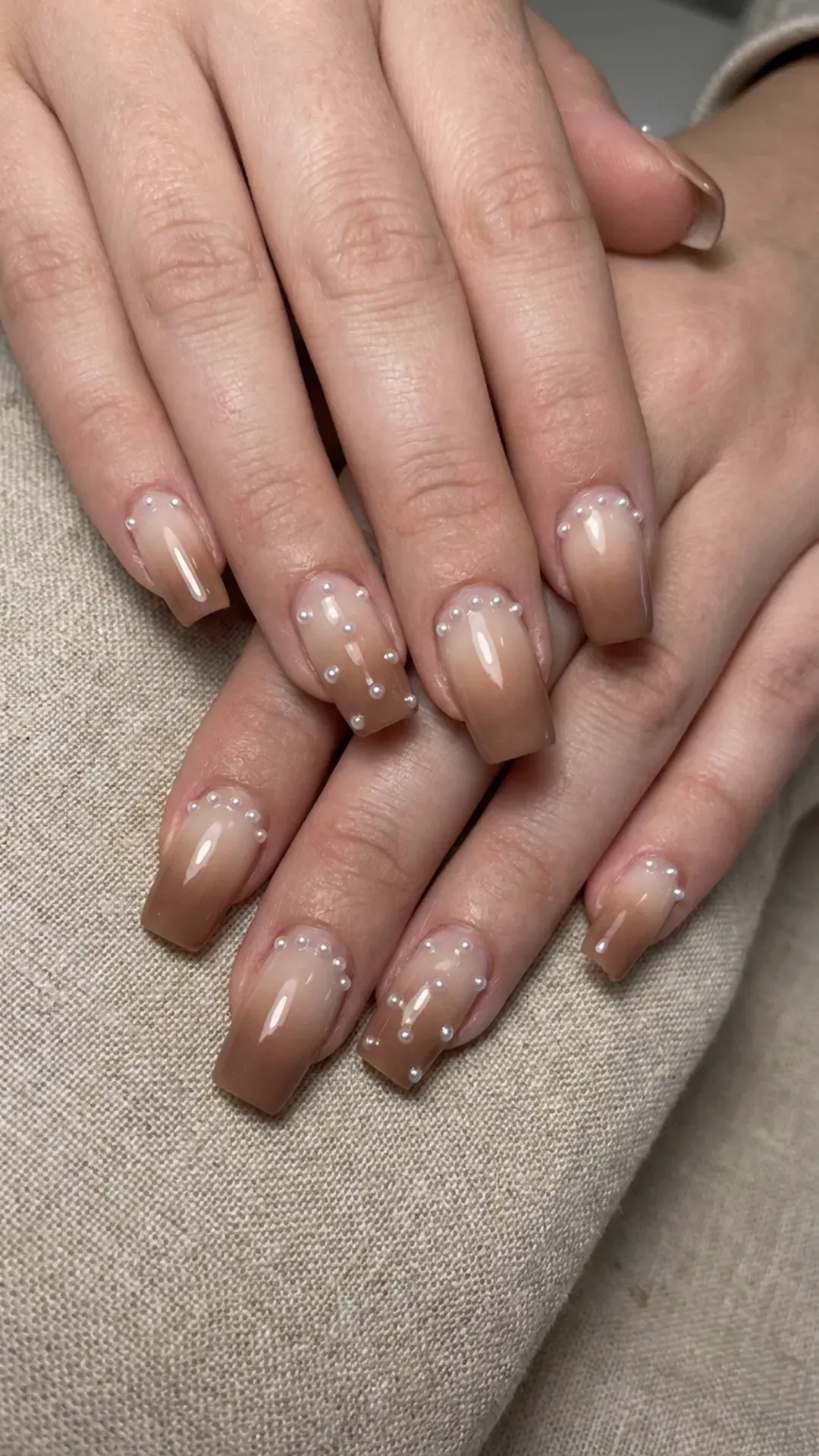 Brown Ombre Nails with Pearl Accents - Square nails with soft brown ombre and pearl studs