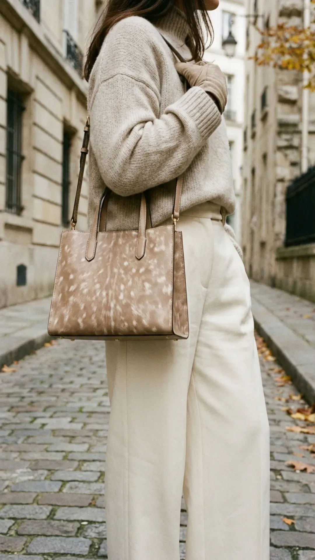 Oatmeal sweater and cream trousers styled with a fawn print handbag.