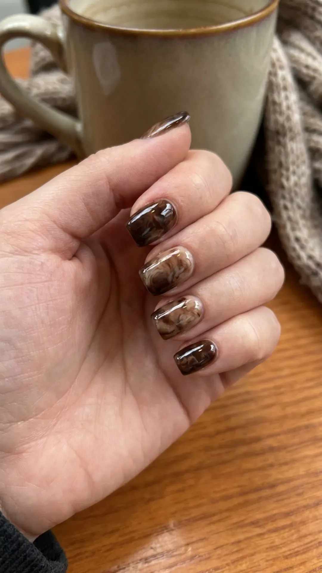 Dark Brown Marble Ombre Nails - Short nails with deep chocolate marble ombre effect