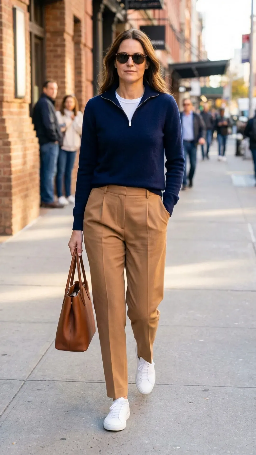 Navy quarter-zip sweater and camel tailored trousers for a trendy casual look.