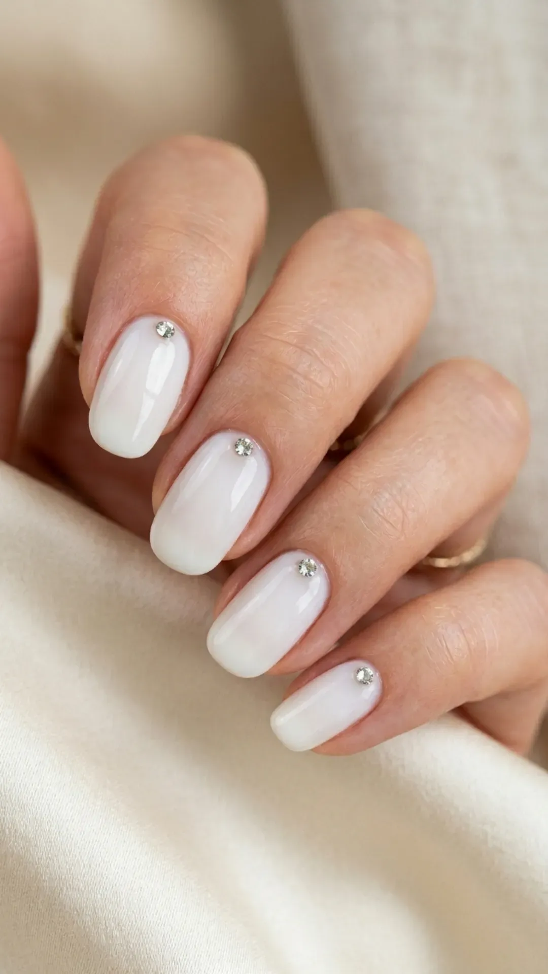 cloud dancer nails with a single tiny clear rhinestone at the base by VANSWEG.COM