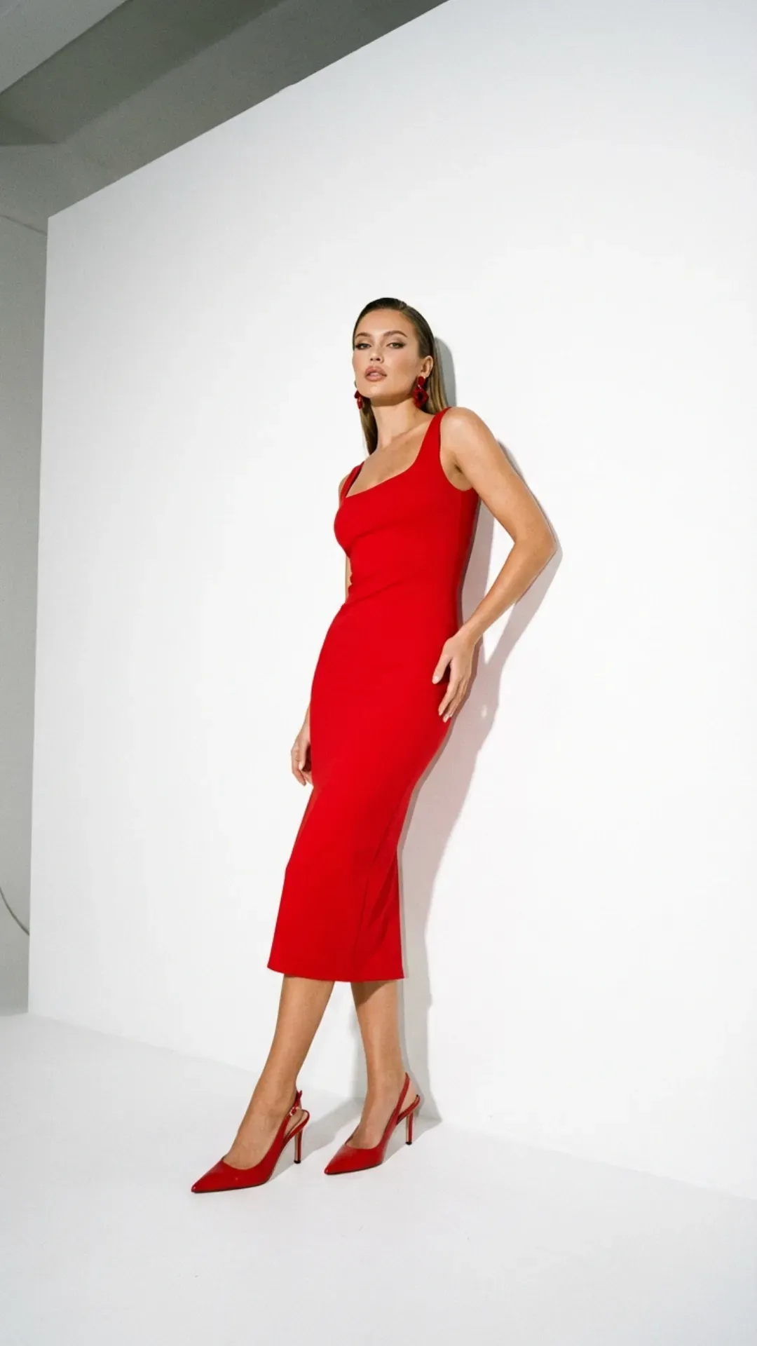 Vibrant primary red monochromatic outfit featuring a dress and heels.