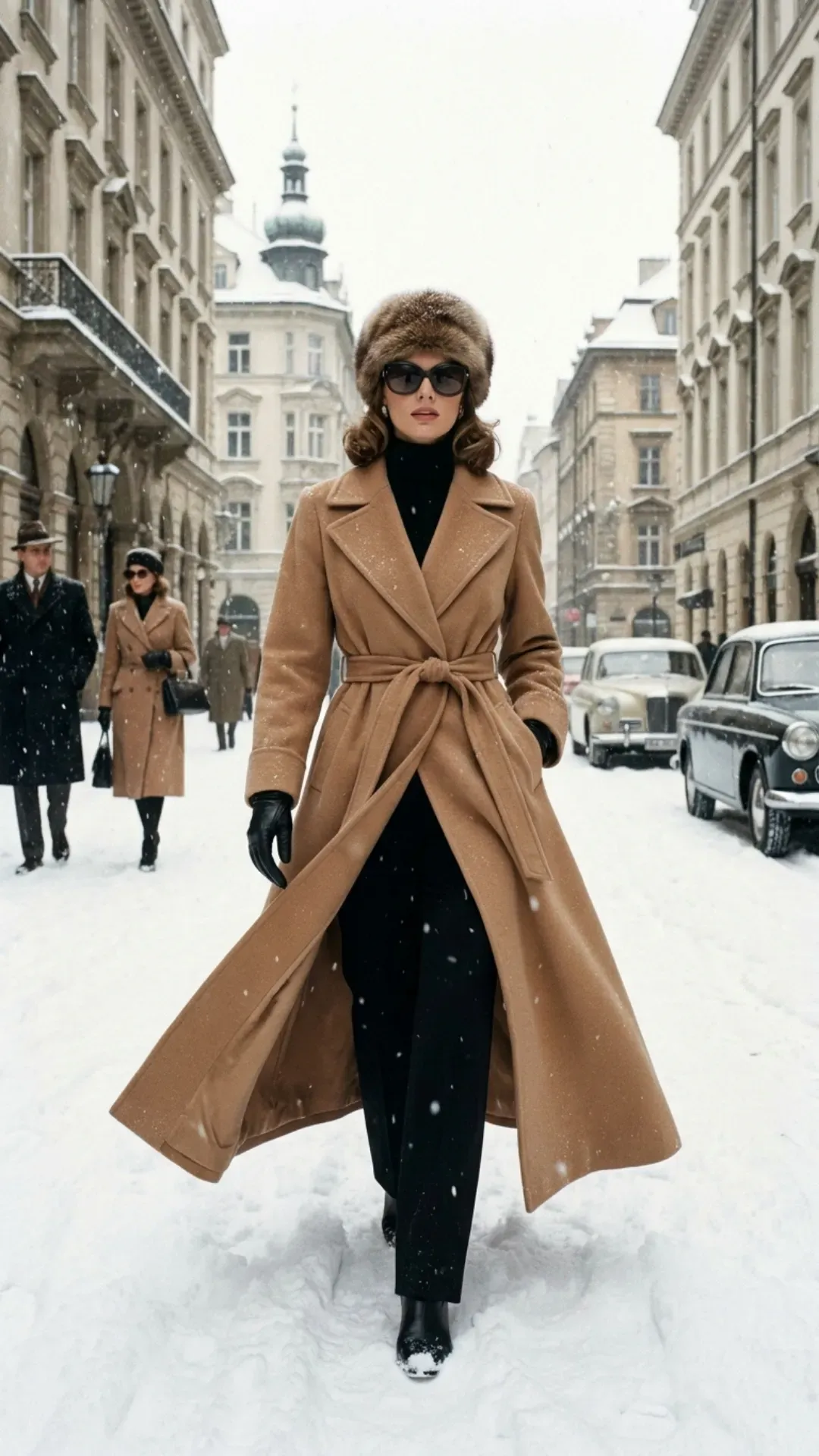 Long camel statement coat over an all-black outfit for an expensive look.