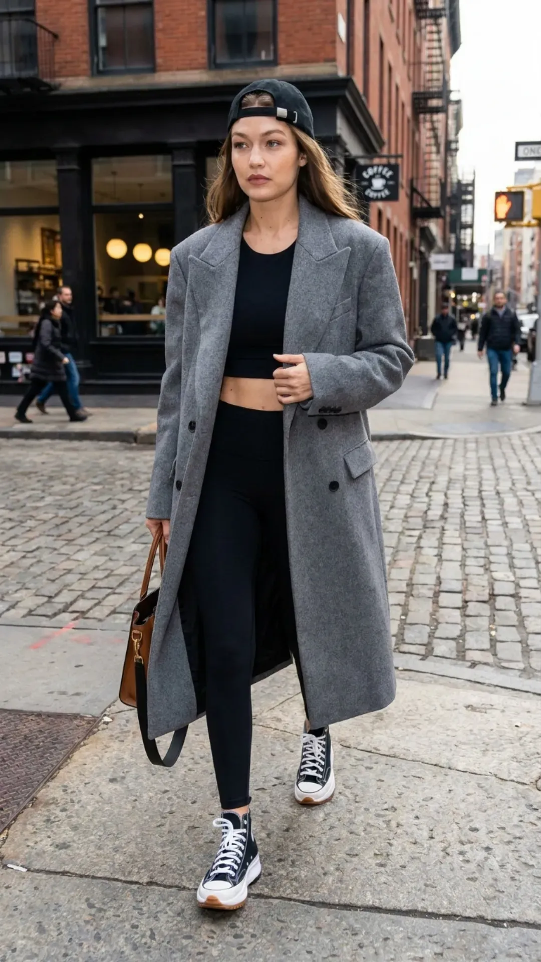 Grey tailored coat layered over black leggings for an elevated athleisure outfit.