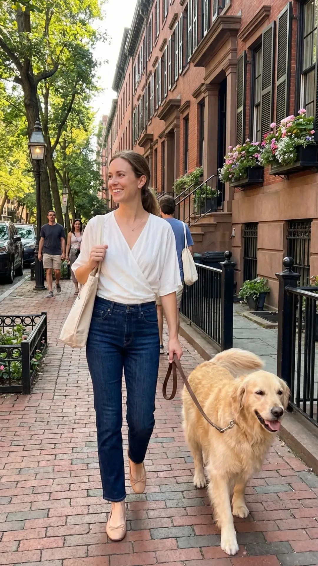 Stovepipe straight-leg jeans paired with ballet flats for an everyday outfit