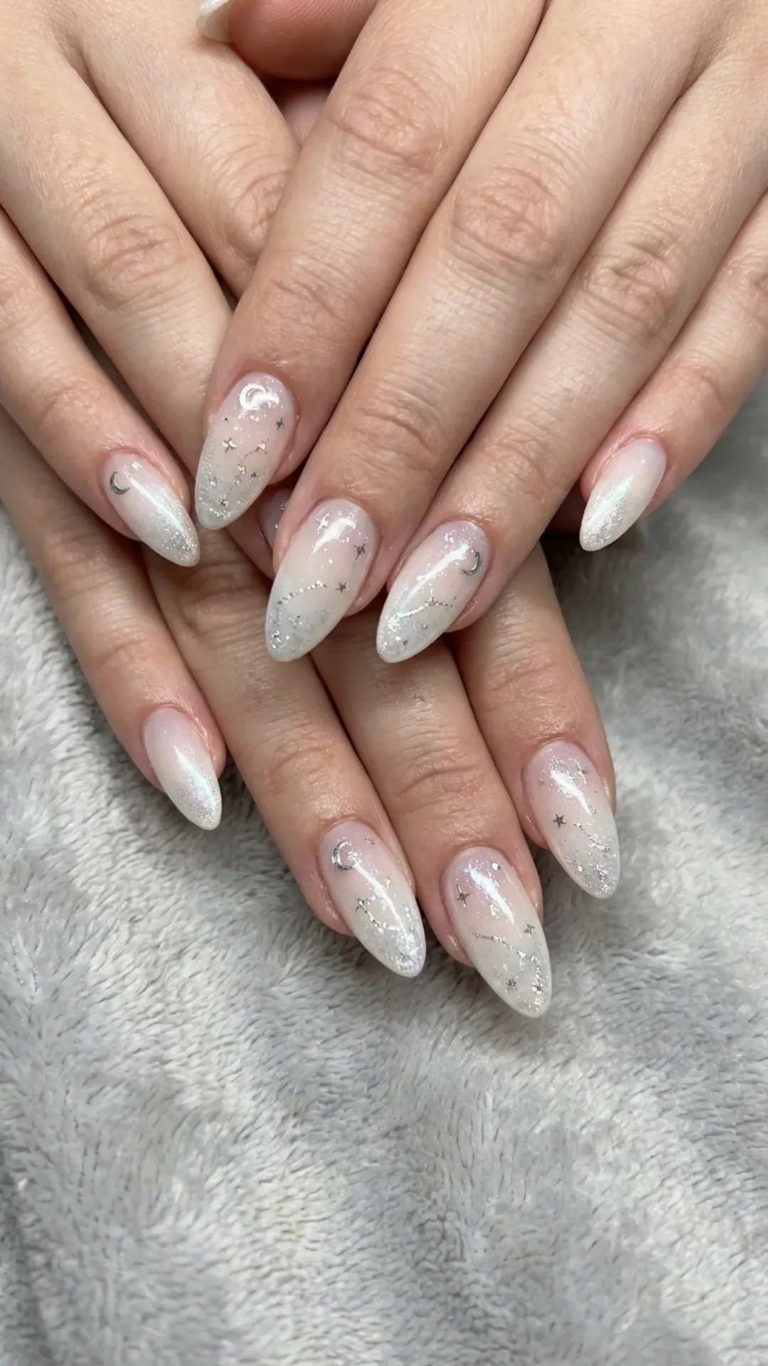 White Velvet Ombre Celestial Nails - Translucent ombre nails with silver moons, stars, and velvet shimmer