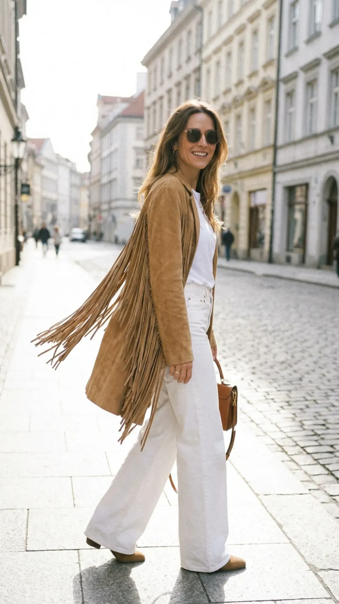  Tan suede fringe jacket and white jeans for a trendy boho-chic outfit