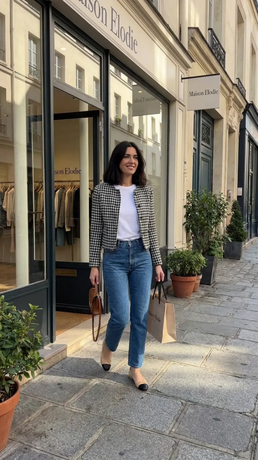  Tweed jacket and classic blue jeans for an elegant everyday outfit