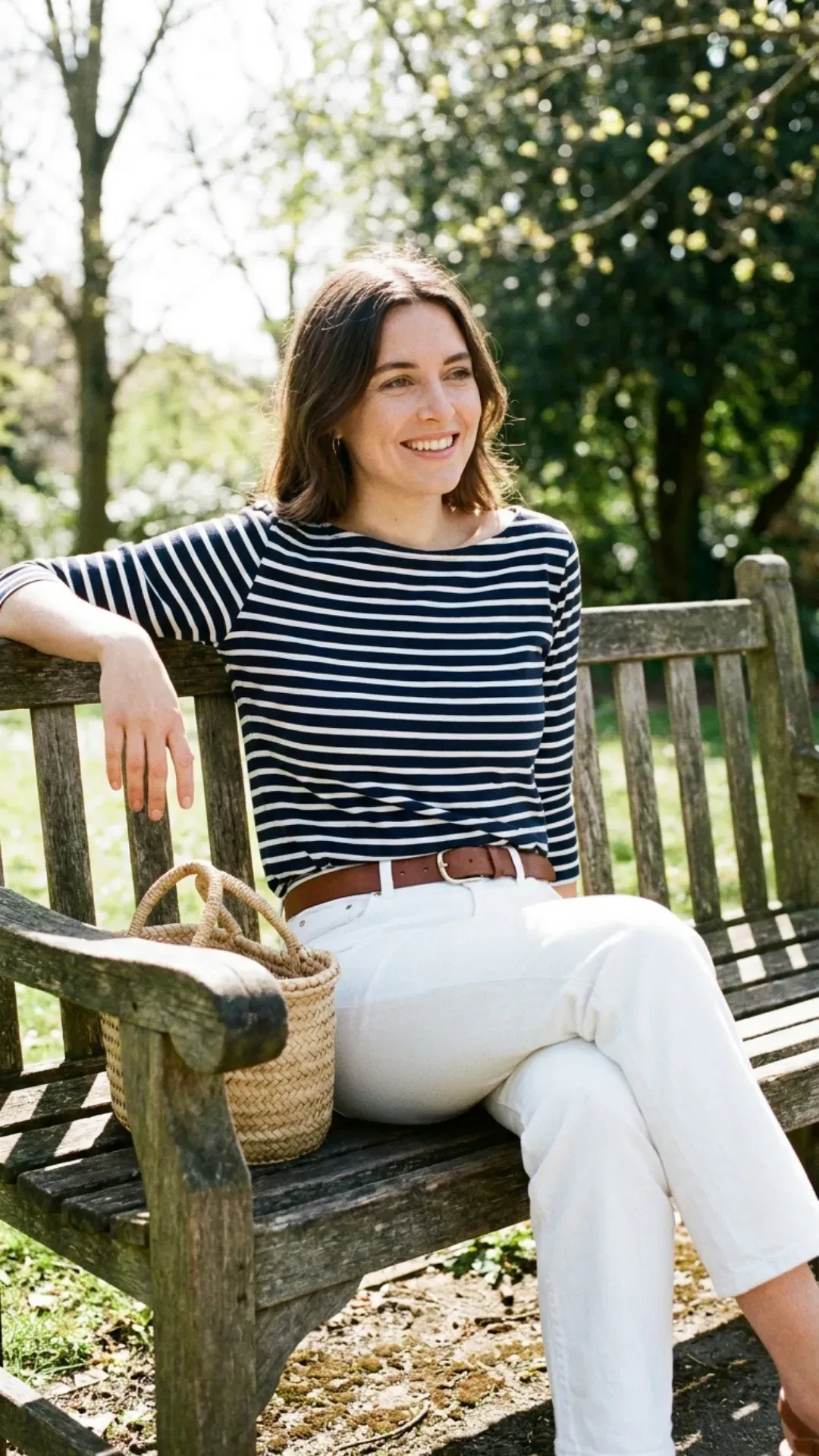 Striped boatneck tee and white denim for a crisp, classic outfit idea.