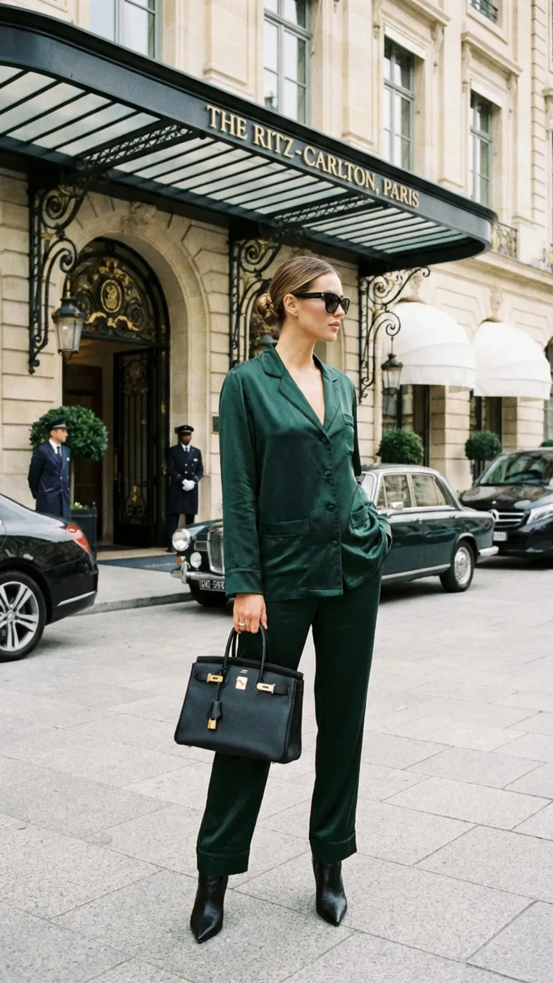 Dark green silk pajama-style matching set for a chic, relaxed outfit