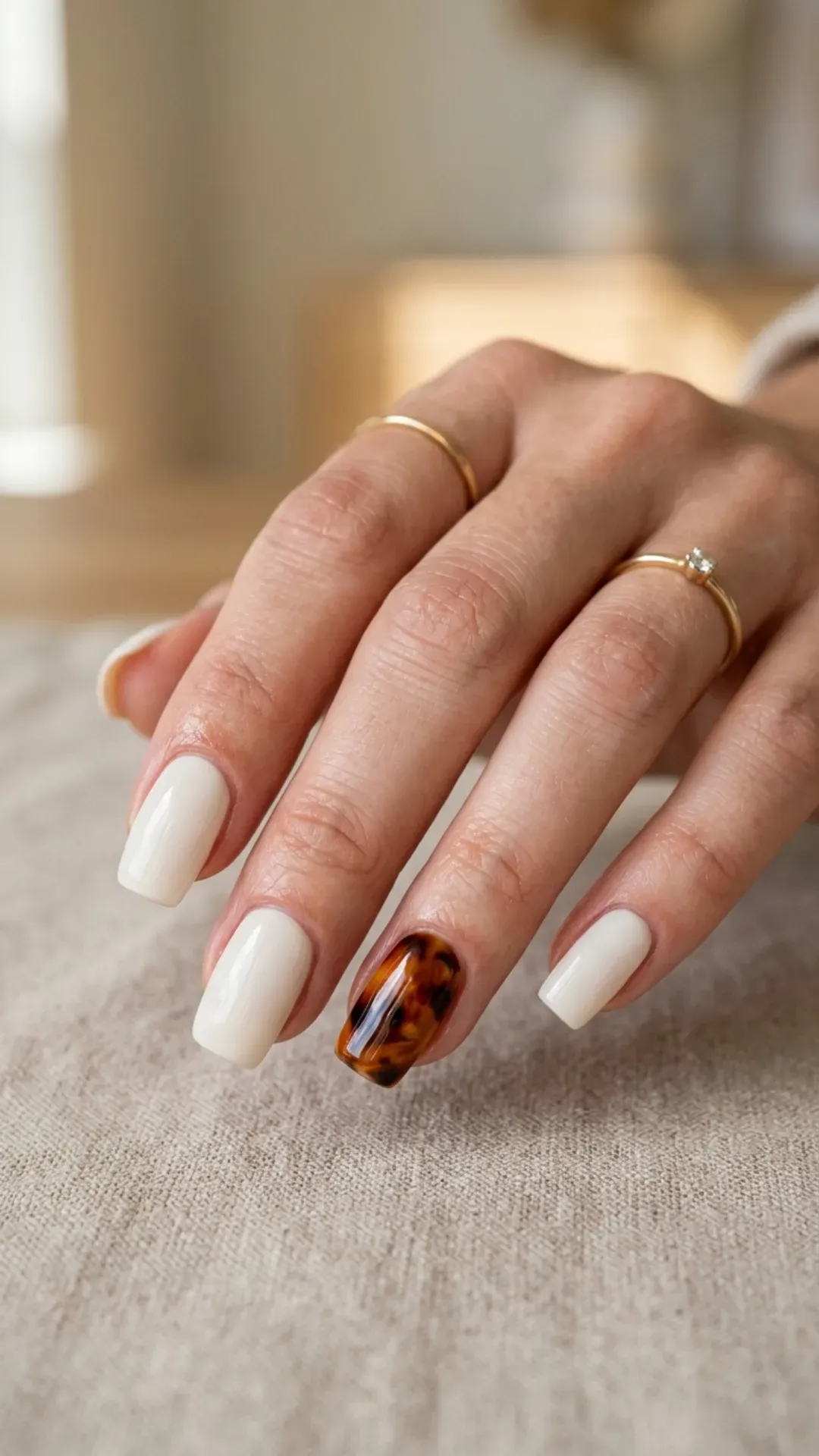 cloud dancer minimalist nails paired with rich tortoiseshell accent nails by VANSWEG.COM