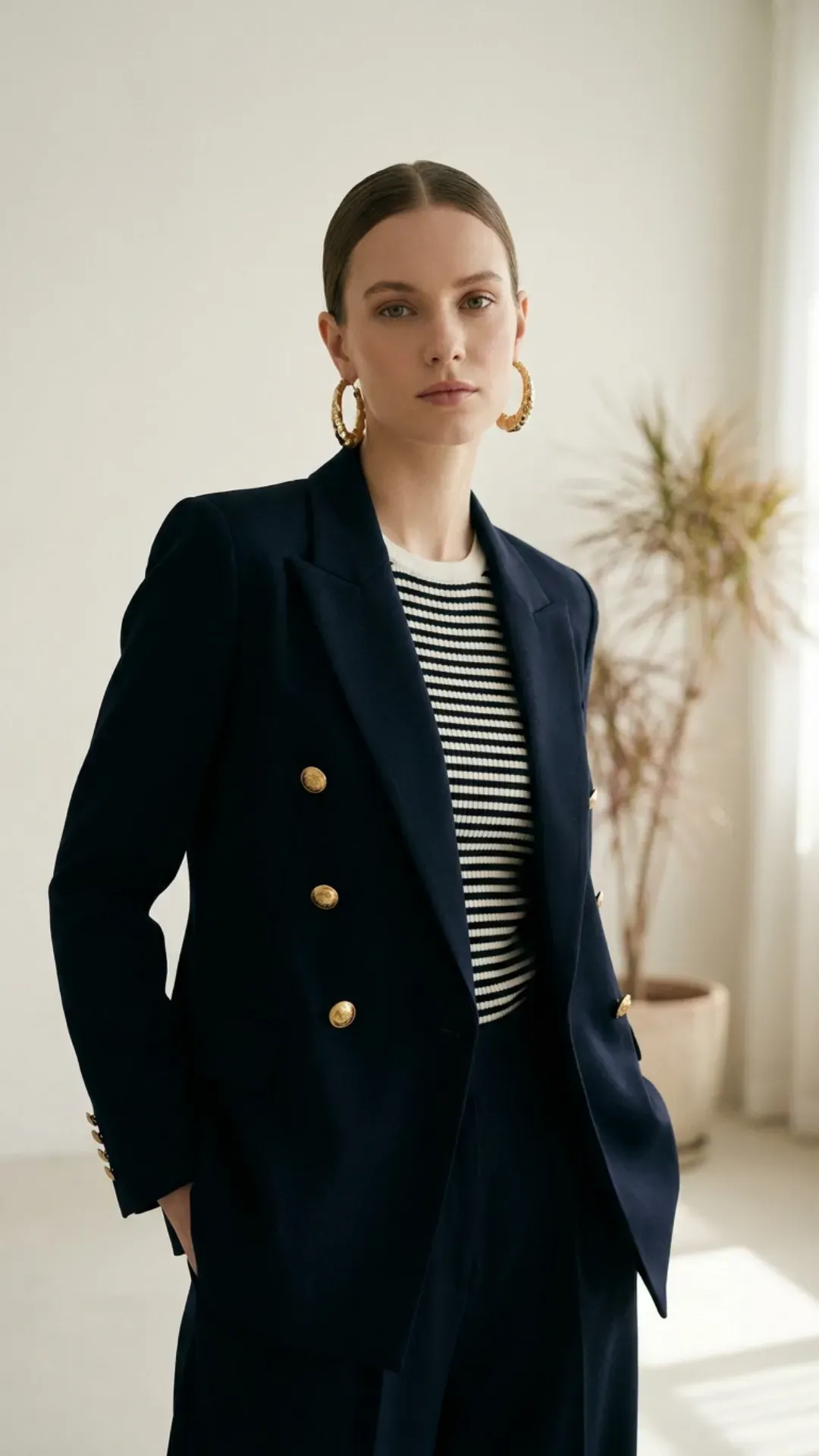 Navy blazer styled with a striped top for a smart, chic outfit