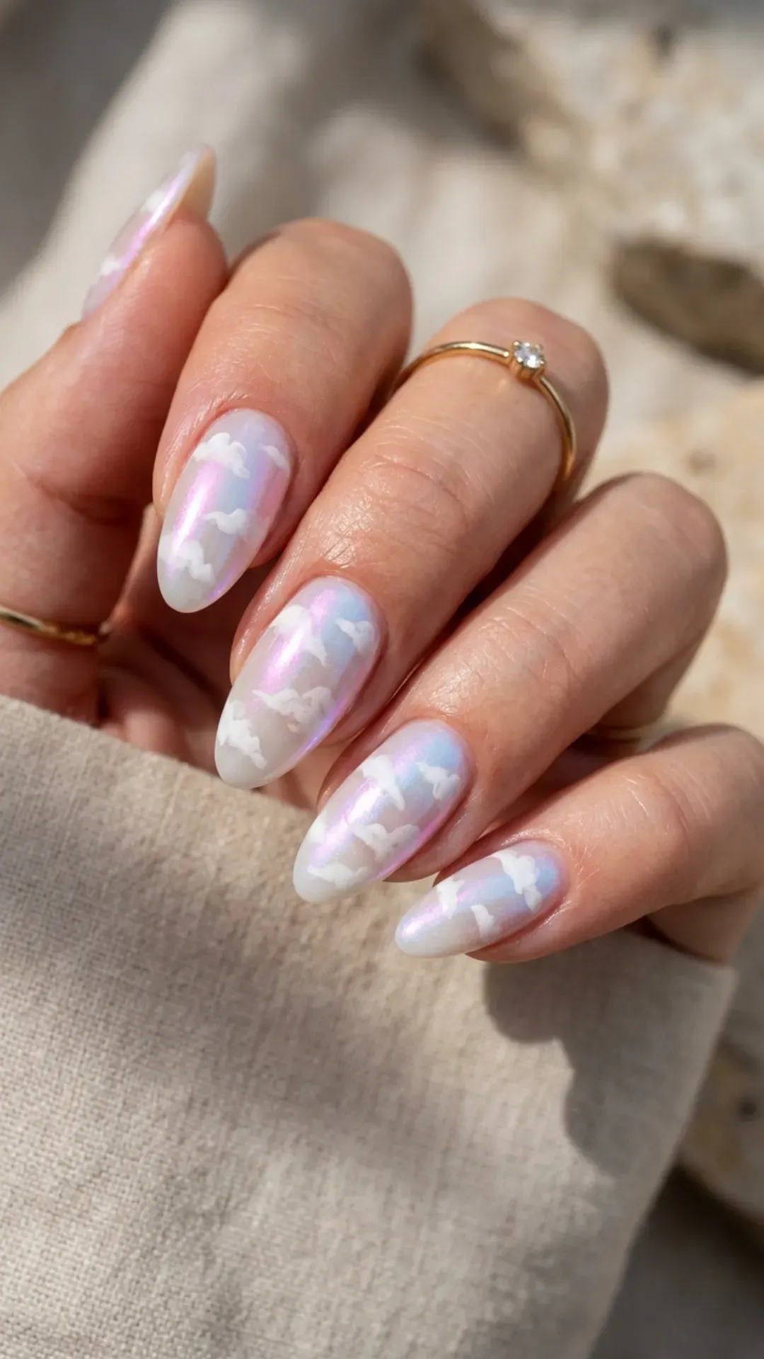 iridescent color shifting topcoat over cloud dancer nails by VANSWEG.COM