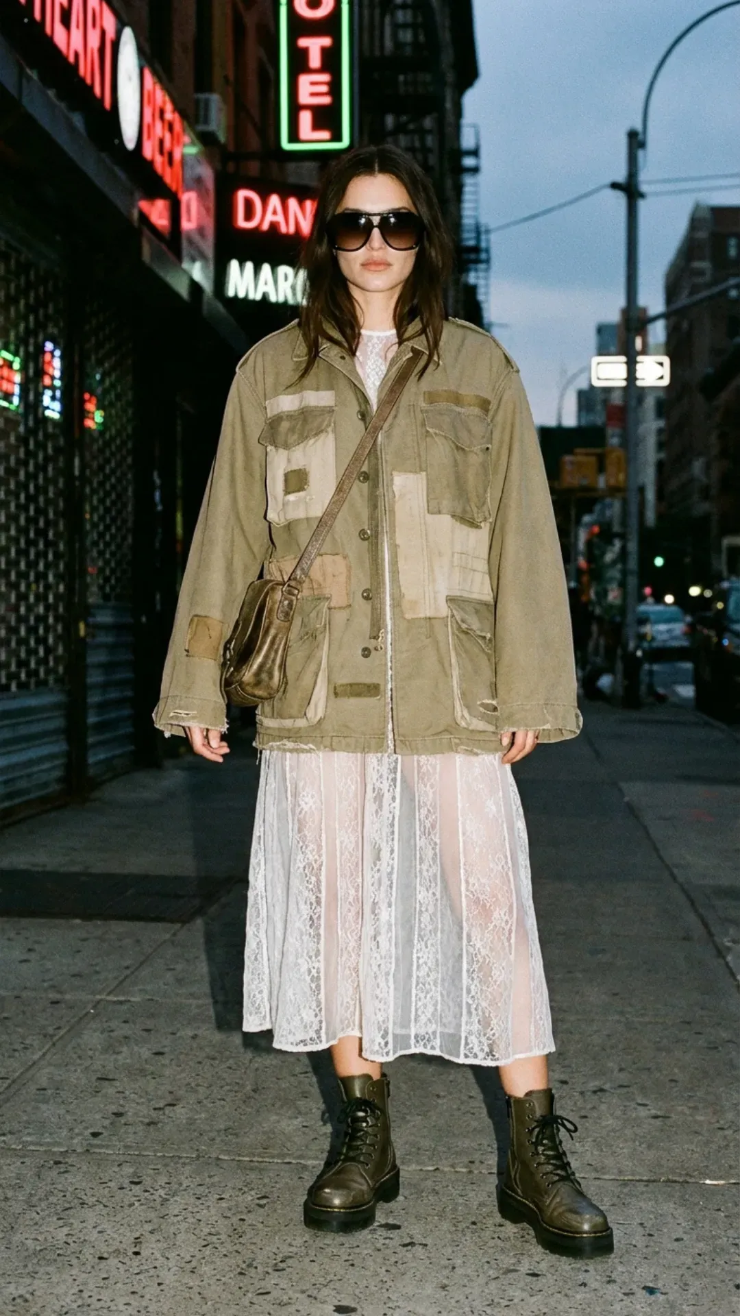 Khaki utility jacket layered over a sheer lace dress for a trendy 2026 outfit