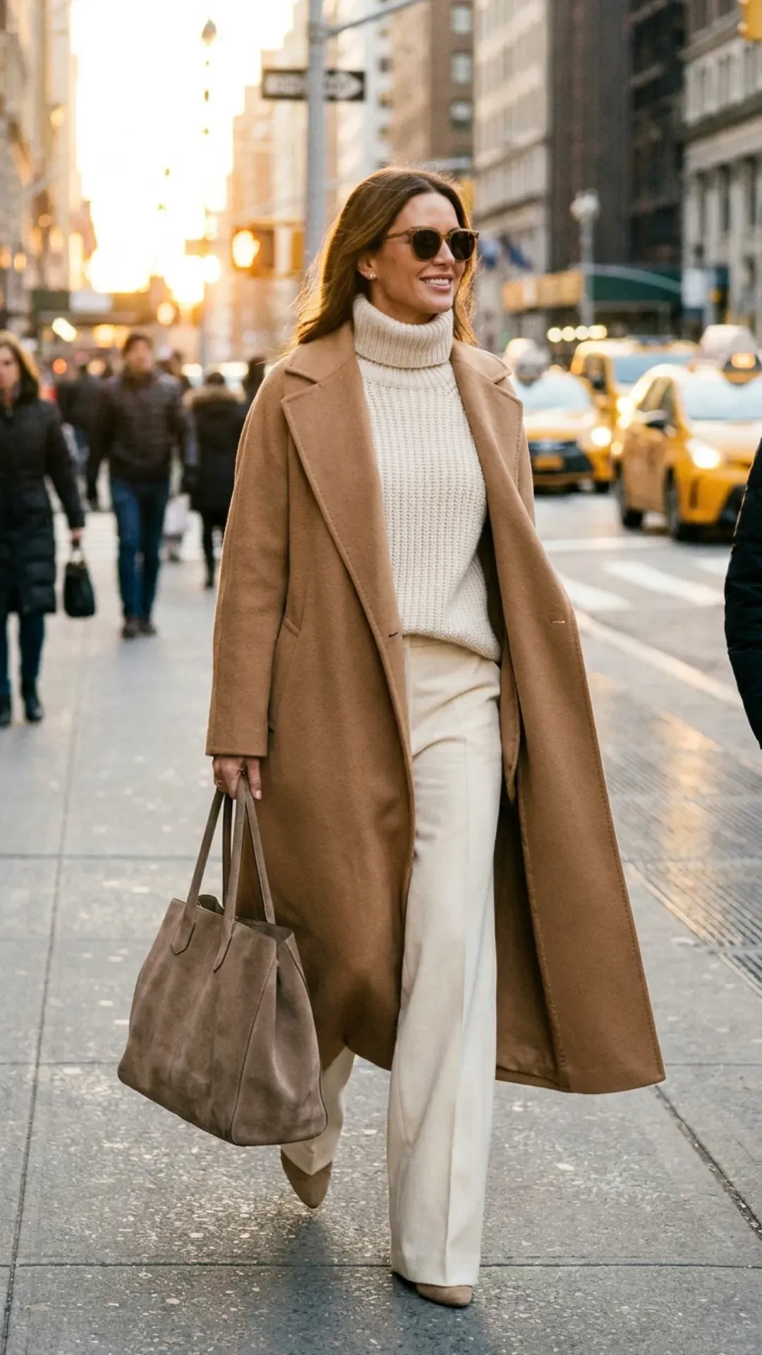 Camel coat and cream trousers for a luxurious, elegant outfit idea