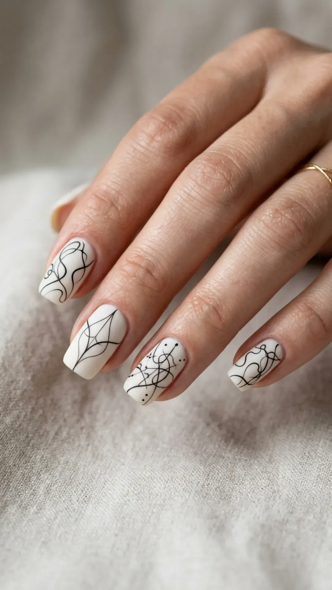abstract minimalist line art painted over cloud dancer nail base by VANSWEG.COM