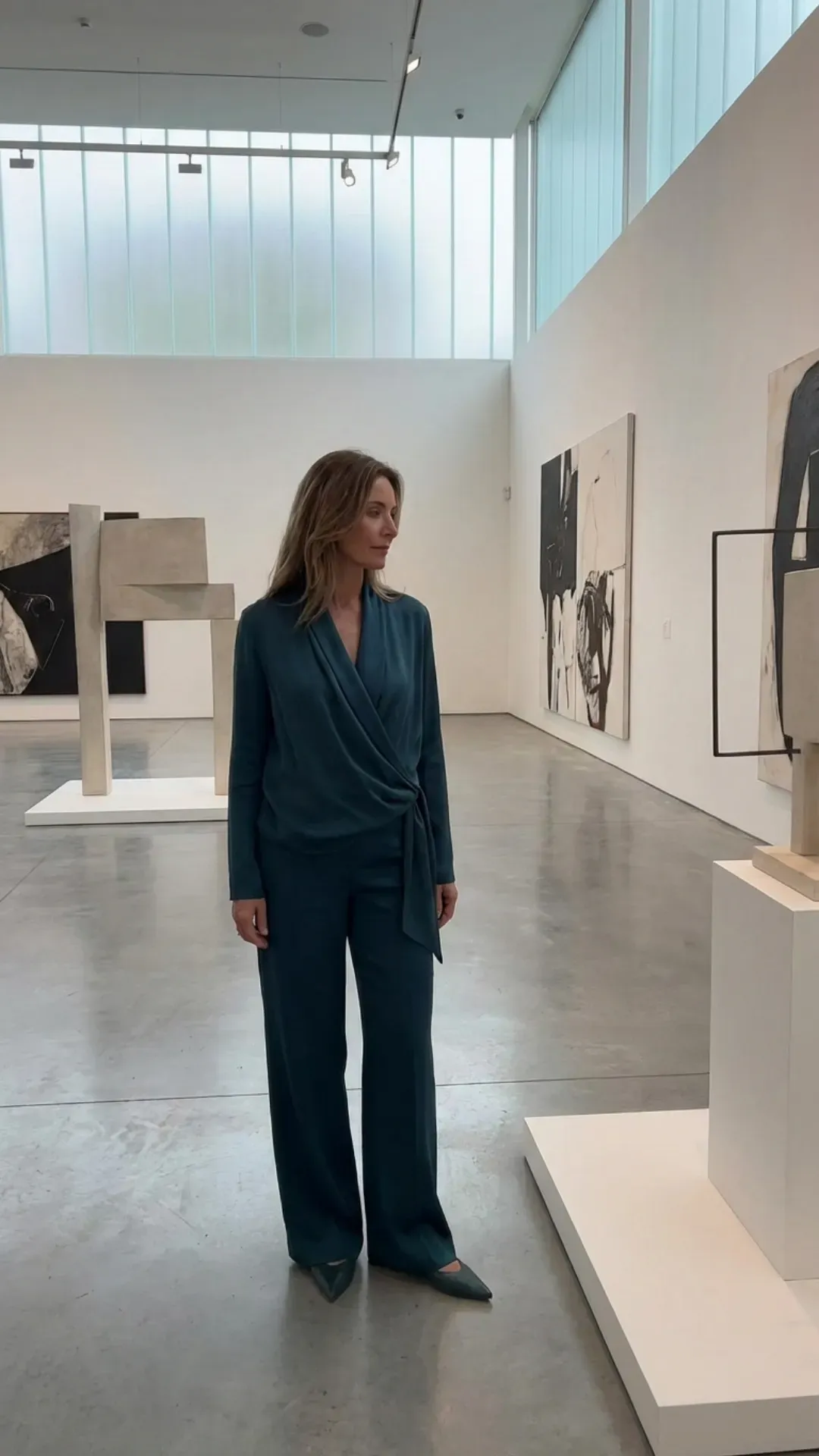 Deep teal draped wrap top and wide-leg trousers for a sophisticated outfit