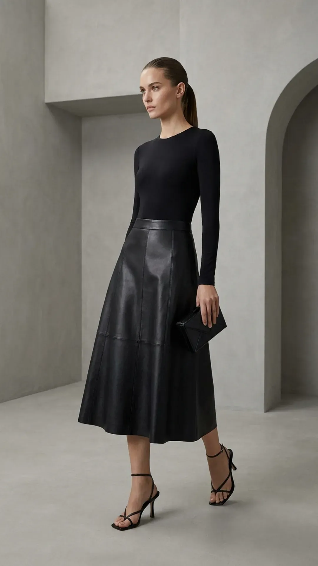 Black A-line leather skirt and fitted bodysuit for a chic, modern outfit.