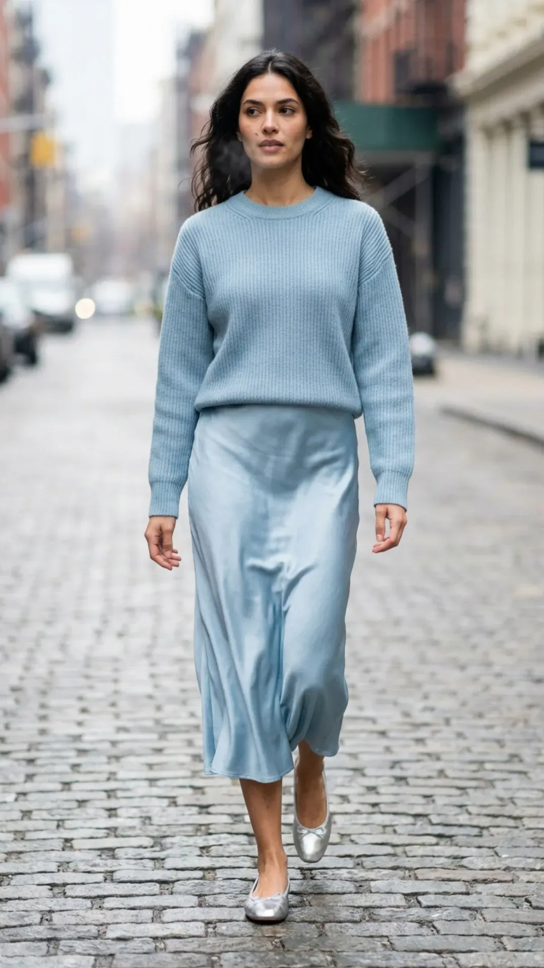 Icy blue monochromatic outfit featuring a silk skirt and sweater