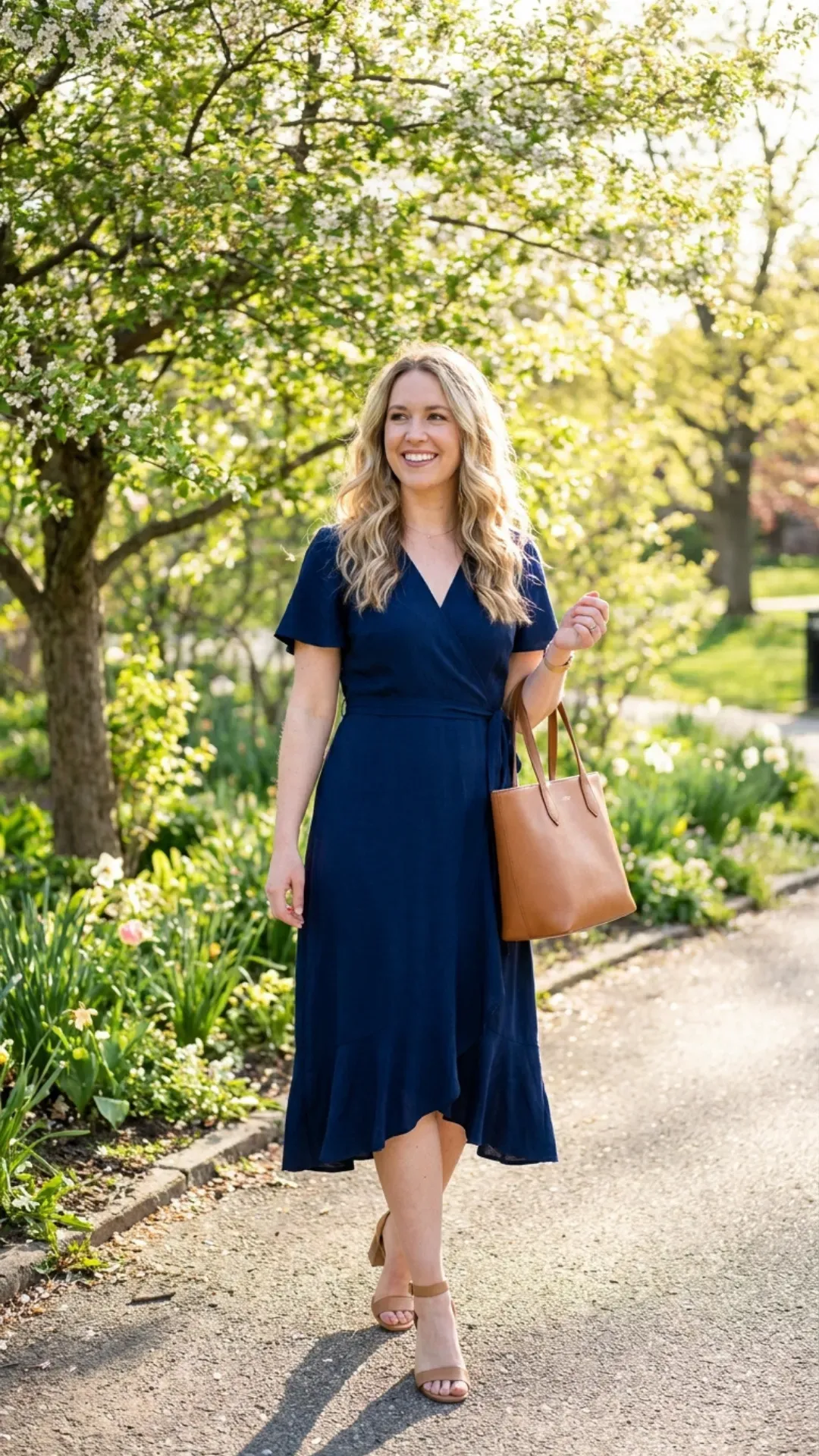 Navy blue midi wrap dress styled with a tan leather tote for a timeless outfit