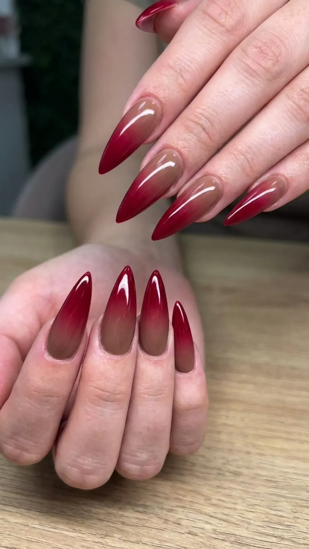 Red to Brown Ombre Nails - Stiletto nails with crimson to nude gradient