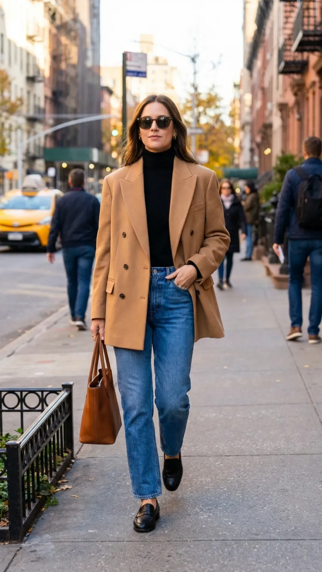 Camel blazer and straight-leg jeans for an effortlessly chic outfit.