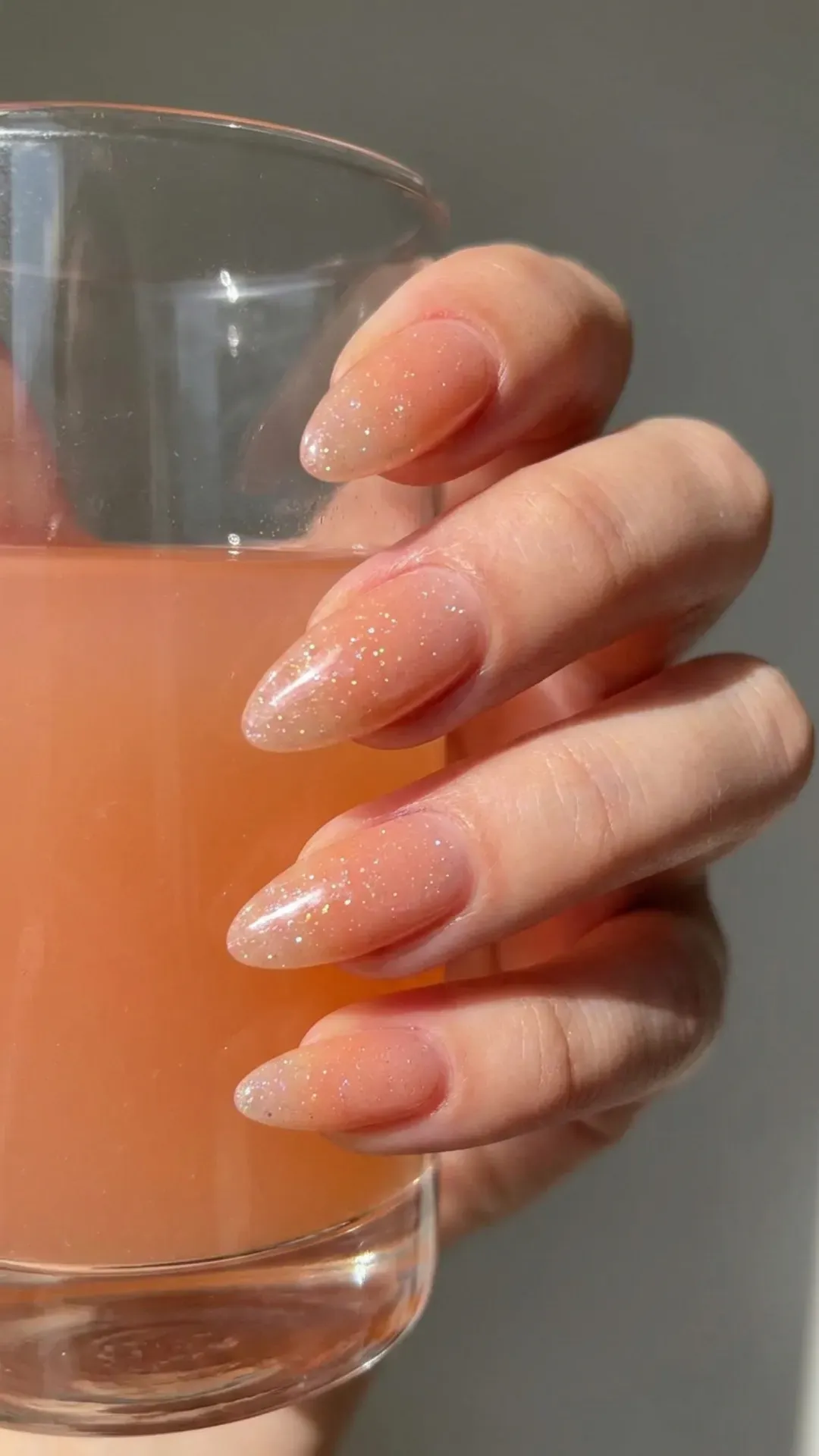 Peachy Syrup Nails with Shimmer - Subtle peach-colored syrup nails with glitter