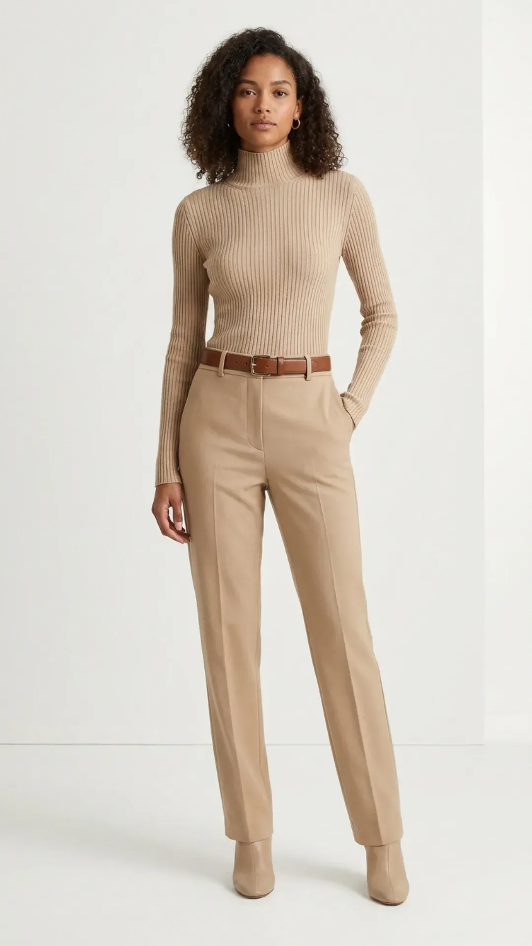 Monochromatic beige outfit featuring a knit top and tailored trousers.